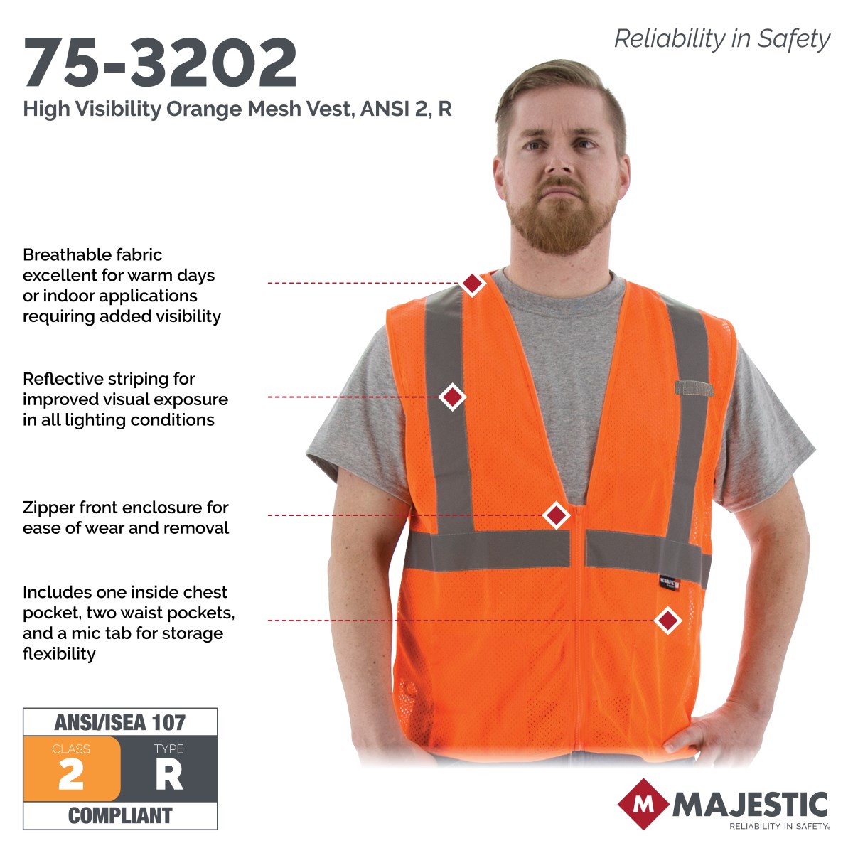 High Visibility Mesh Vest, ANSI 2, R | Majestic Glove